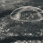 Buckminster Fuller's proposed 2-mile-diameter dome over Manhattan. 1961.<br>